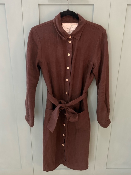 notPERFECTLINEN Dresses & Skirts - notPERFECTLINEN Ottowa Brown Button-Front Linen Shirt Dress with Tie Waist- EUC